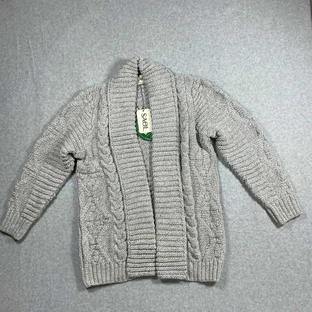 SAOL Ireland Mens XL Open Front Cable Knit Cardigan Merino Wool Gray AWL121-303